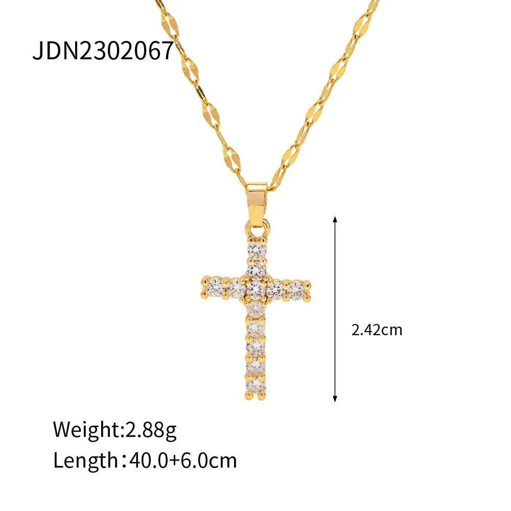 18K Gold Plated White Cubic Zirconia Cross Pendant Necklace