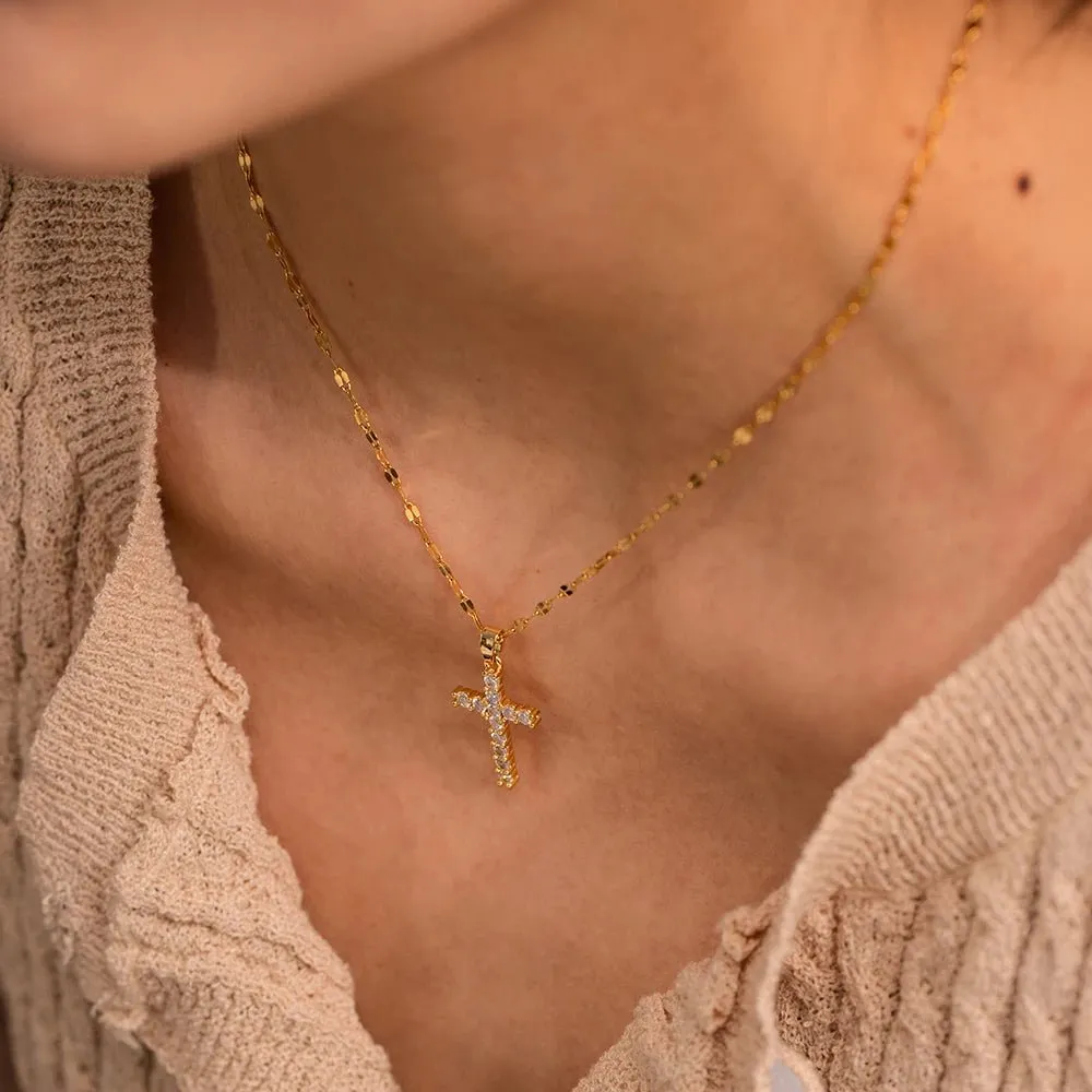 18K Gold Plated White Cubic Zirconia Cross Pendant Necklace