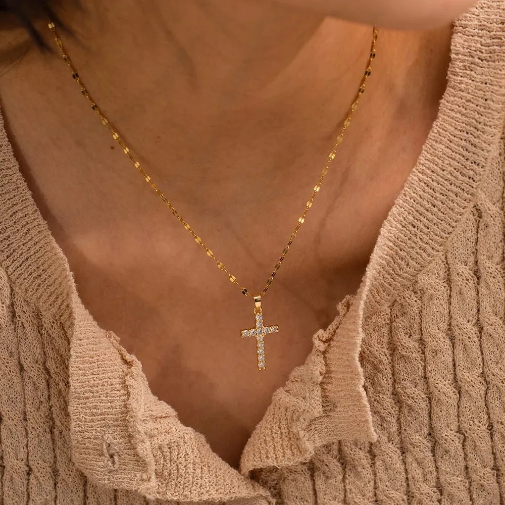18K Gold Plated White Cubic Zirconia Cross Pendant Necklace