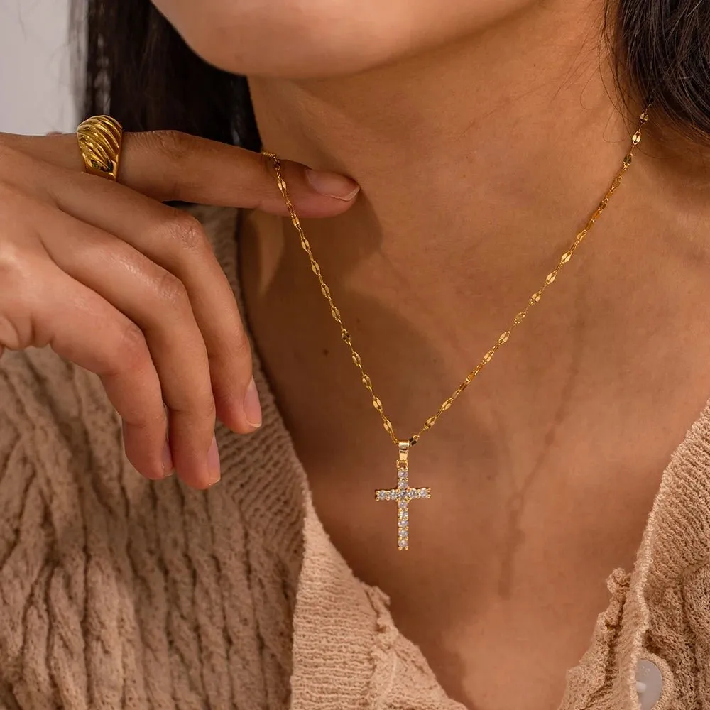 18K Gold Plated White Cubic Zirconia Cross Pendant Necklace