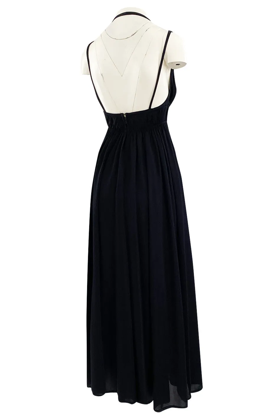 1970s Frank Usher Black Jersey Maxi Dress w Deep Front Plunge & No Back