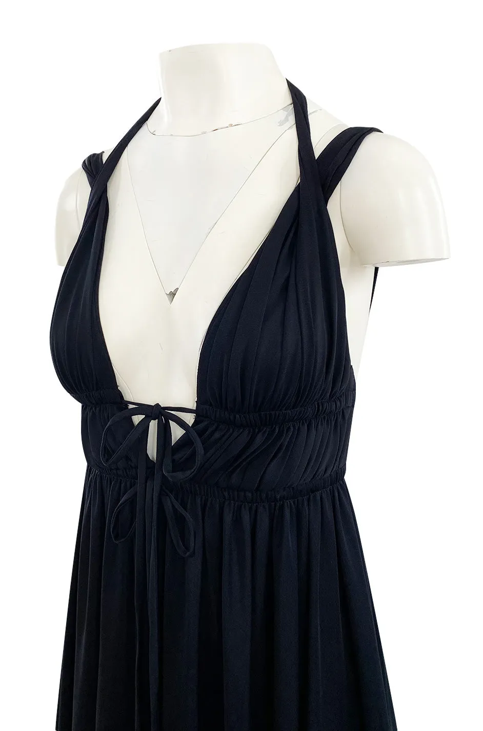 1970s Frank Usher Black Jersey Maxi Dress w Deep Front Plunge & No Back