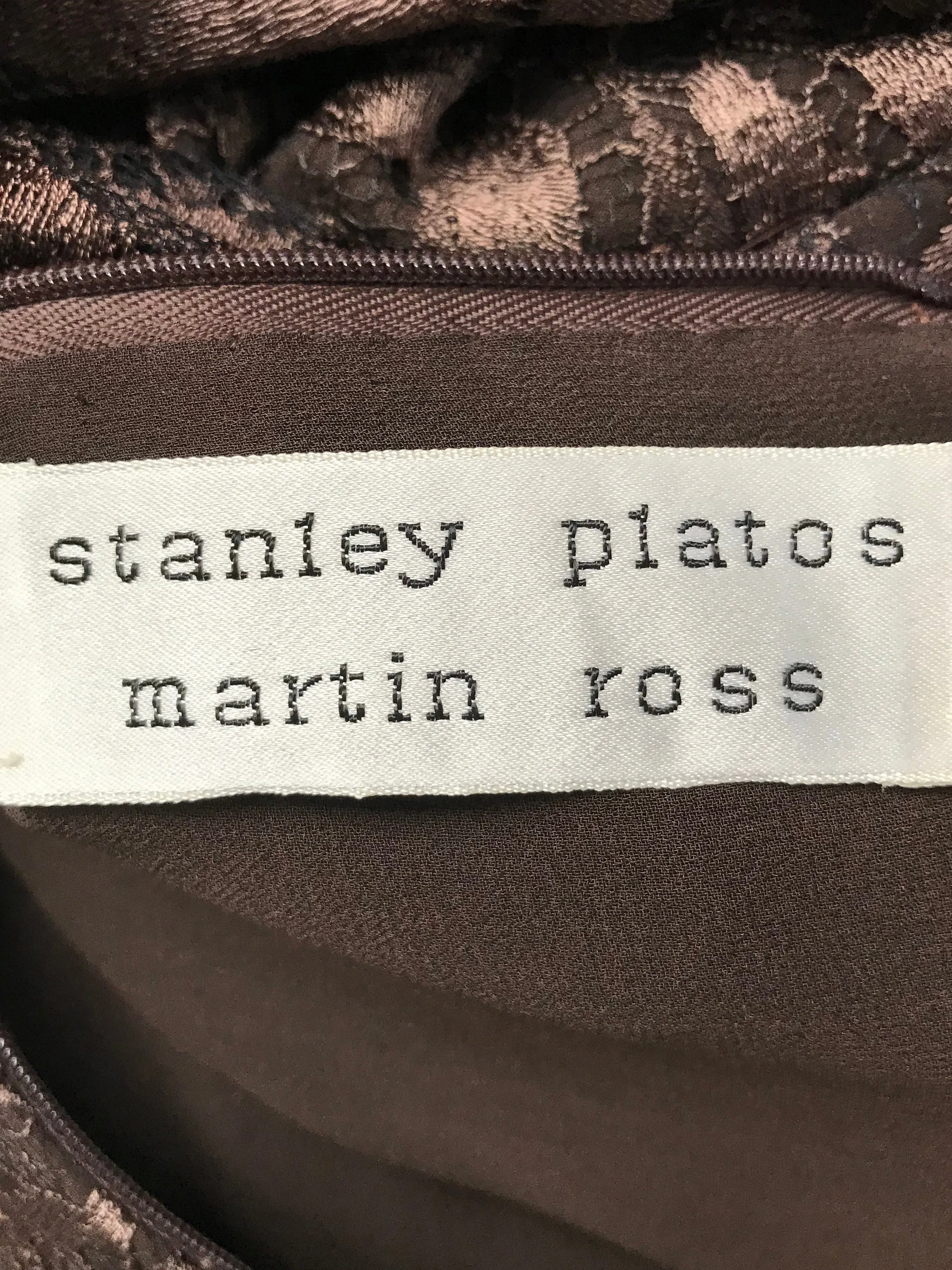 1980s Stanley Platos Martin Ross Floor Length Umber Lace Evening Dress