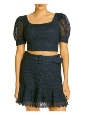 AQUA Womens Navy Lace Belted Pleated Floral Mini Party Pencil Skirt
