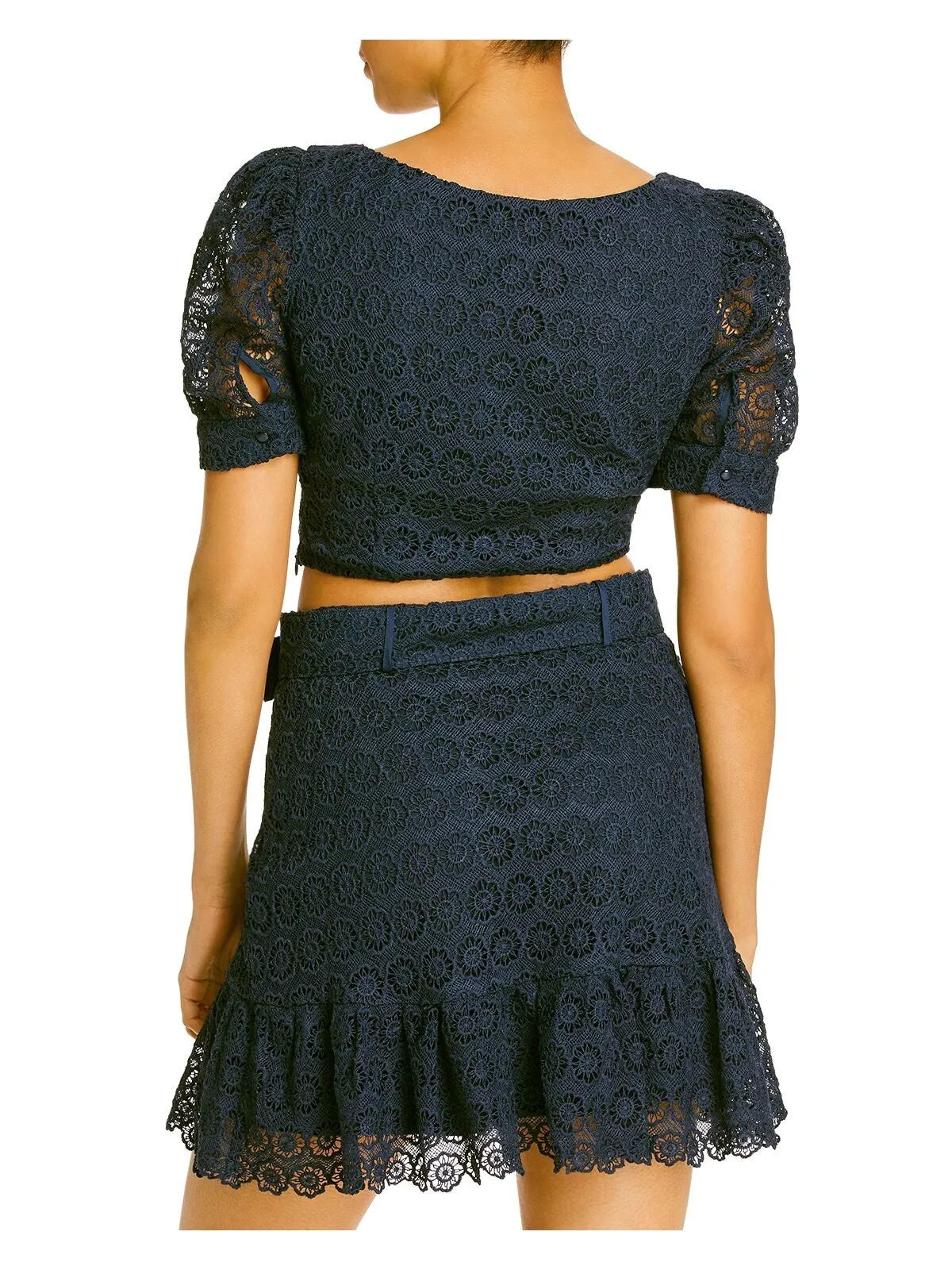 AQUA Womens Navy Lace Belted Pleated Floral Mini Party Pencil Skirt