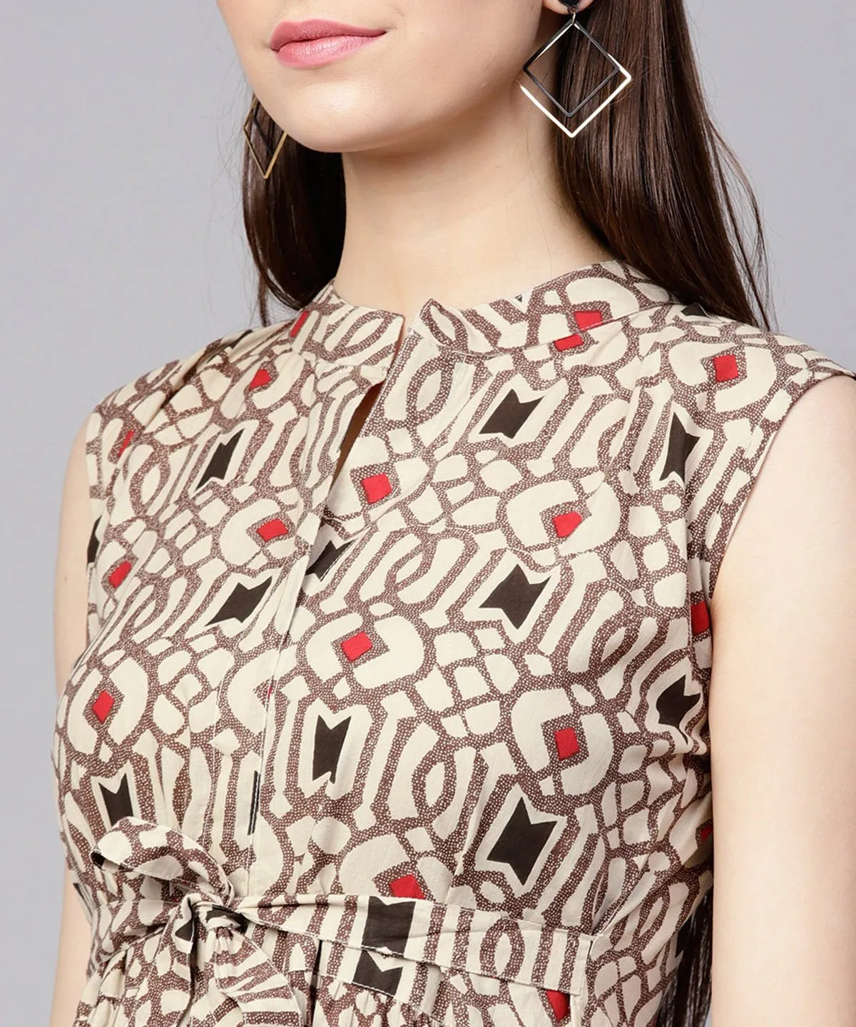 Beige Printed Sleeveless Cotton Maxi Dress