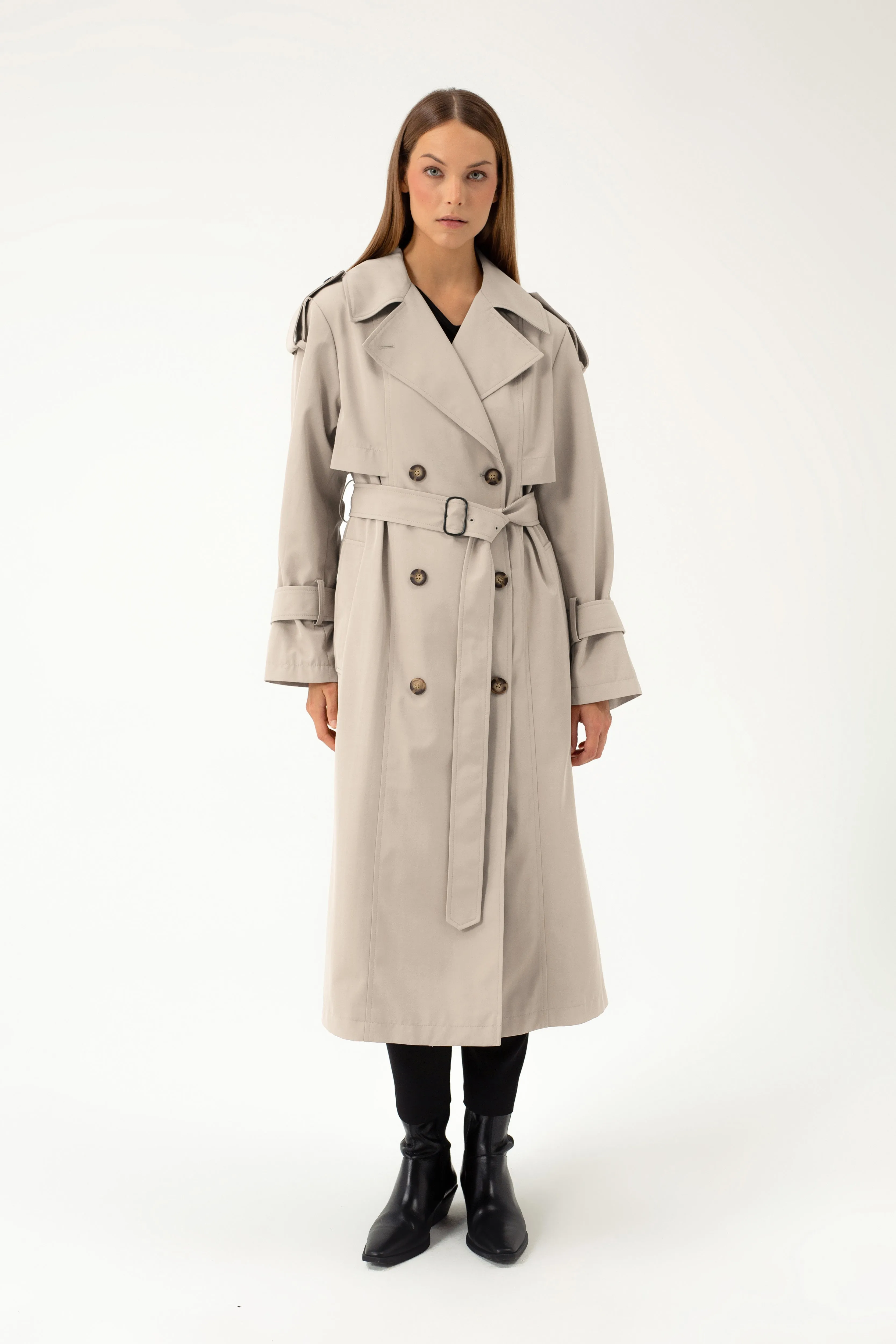 BEIGE TRENCHCOAT WITH DECORATIVE BELTS
