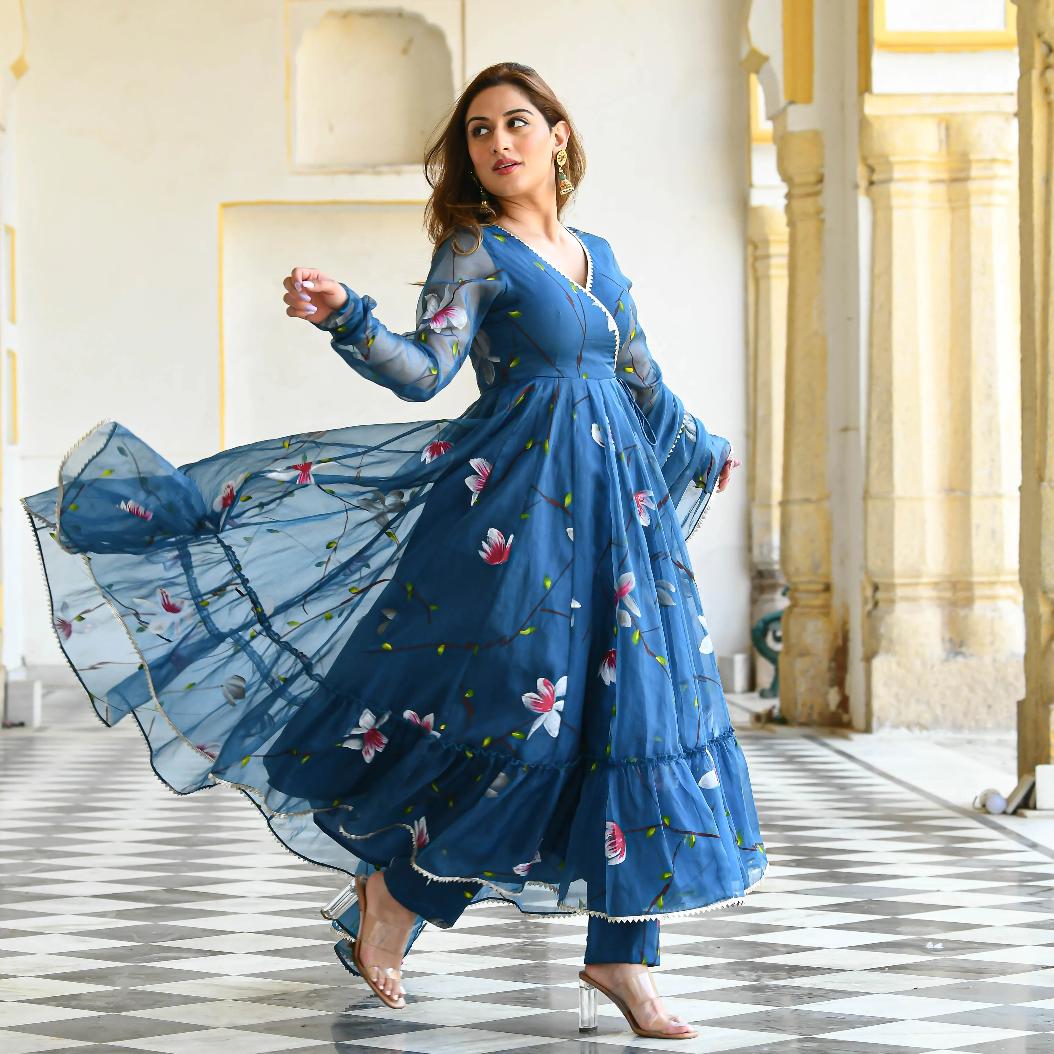 Blueish Handpainted Organza Suit