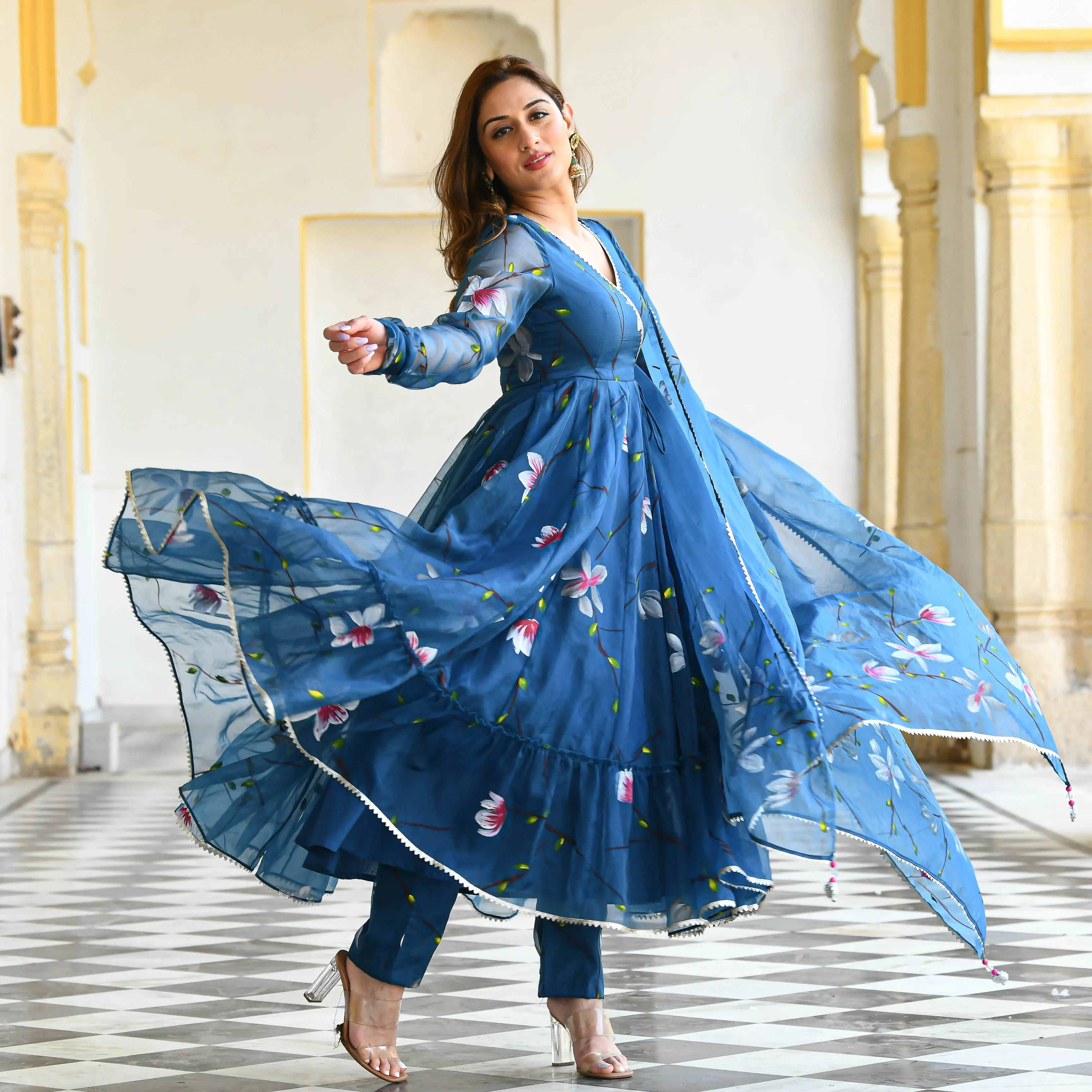 Blueish Handpainted Organza Suit