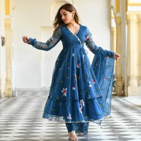 Blueish Handpainted Organza Suit