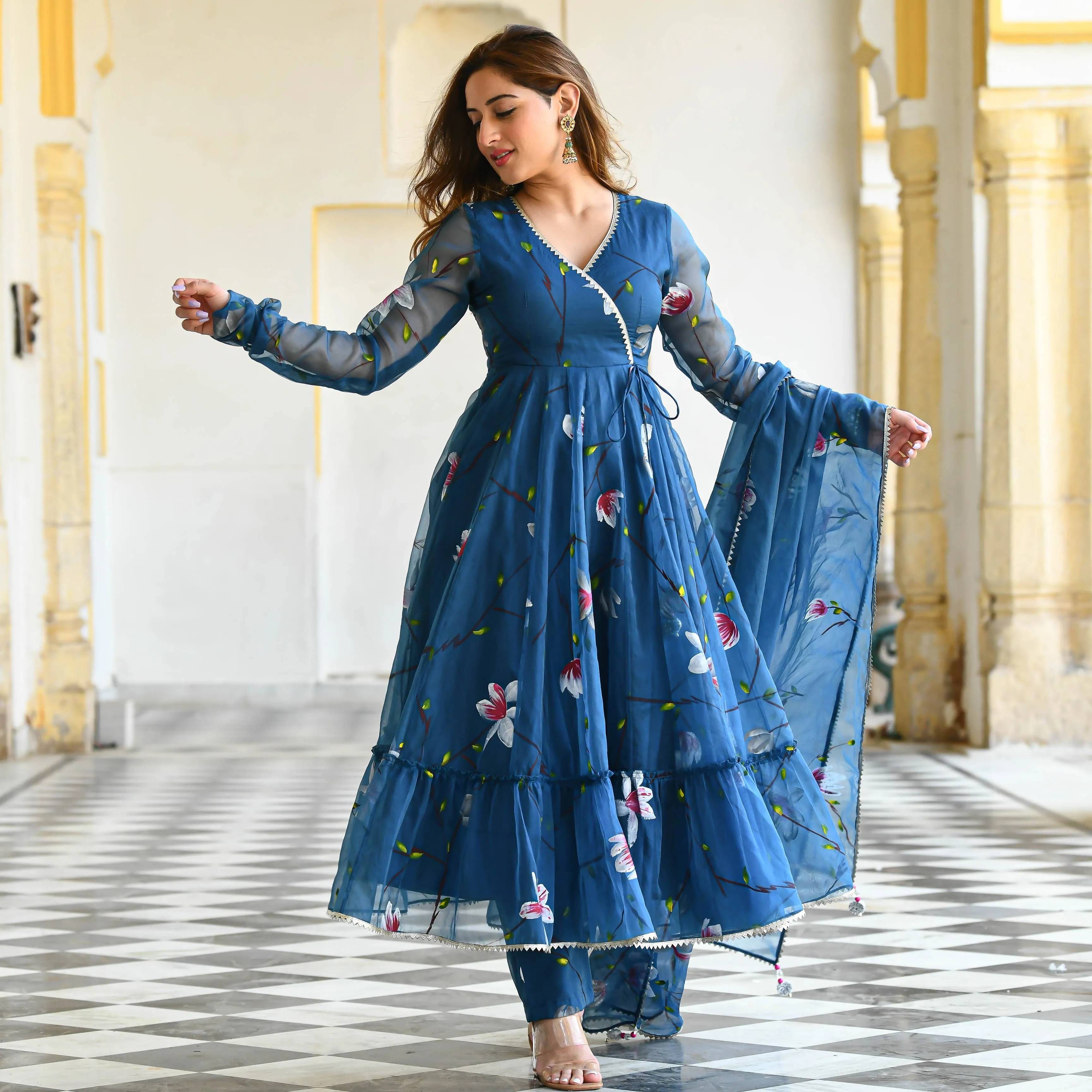 Blueish Handpainted Organza Suit