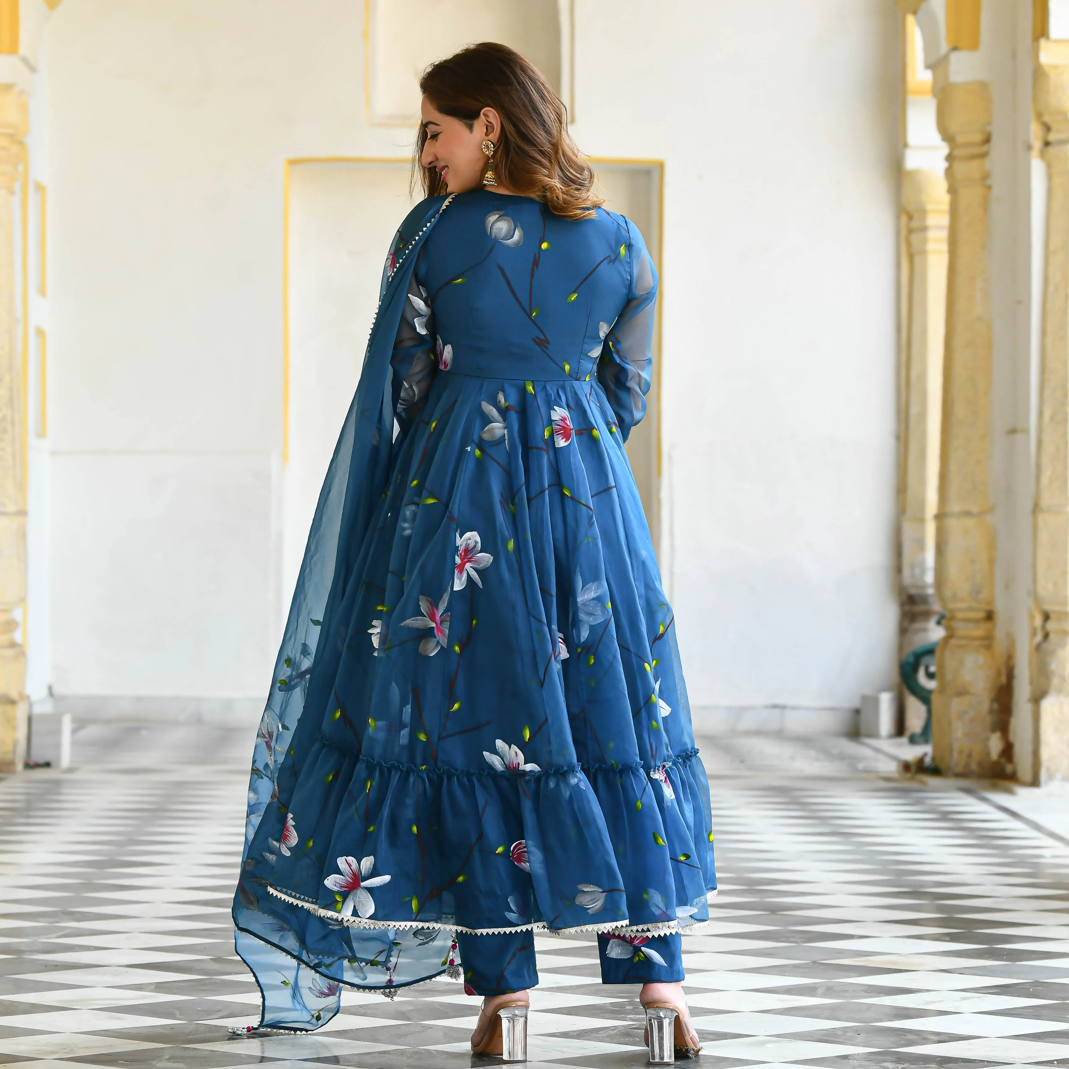 Blueish Handpainted Organza Suit