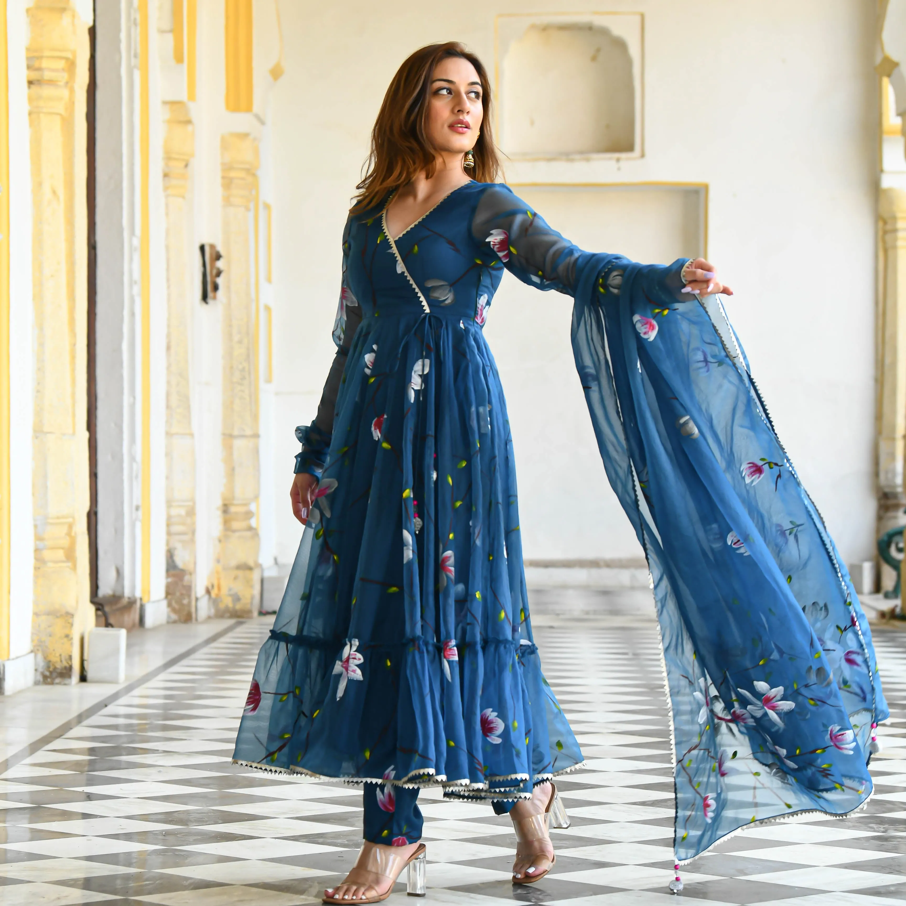 Blueish Handpainted Organza Suit