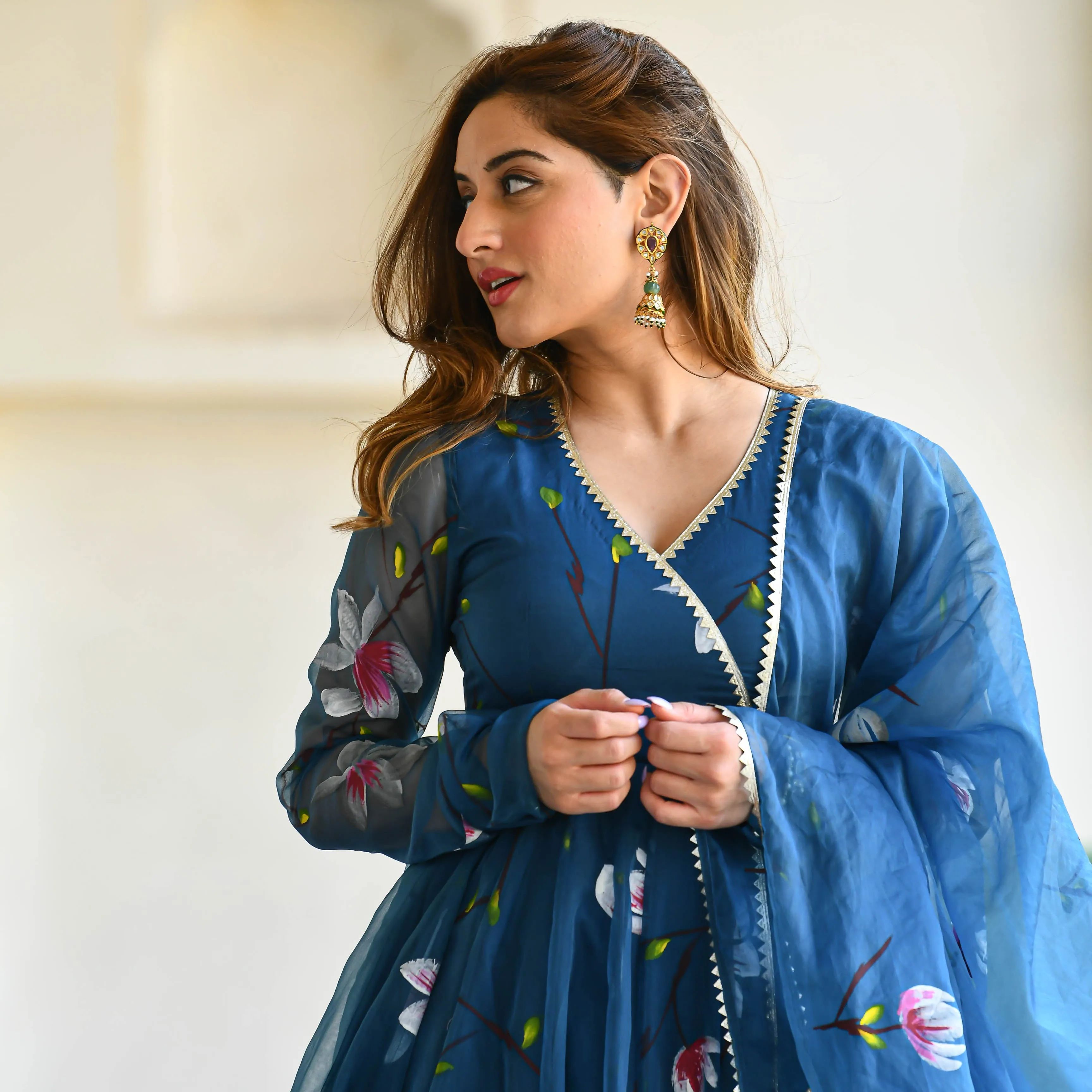 Blueish Handpainted Organza Suit