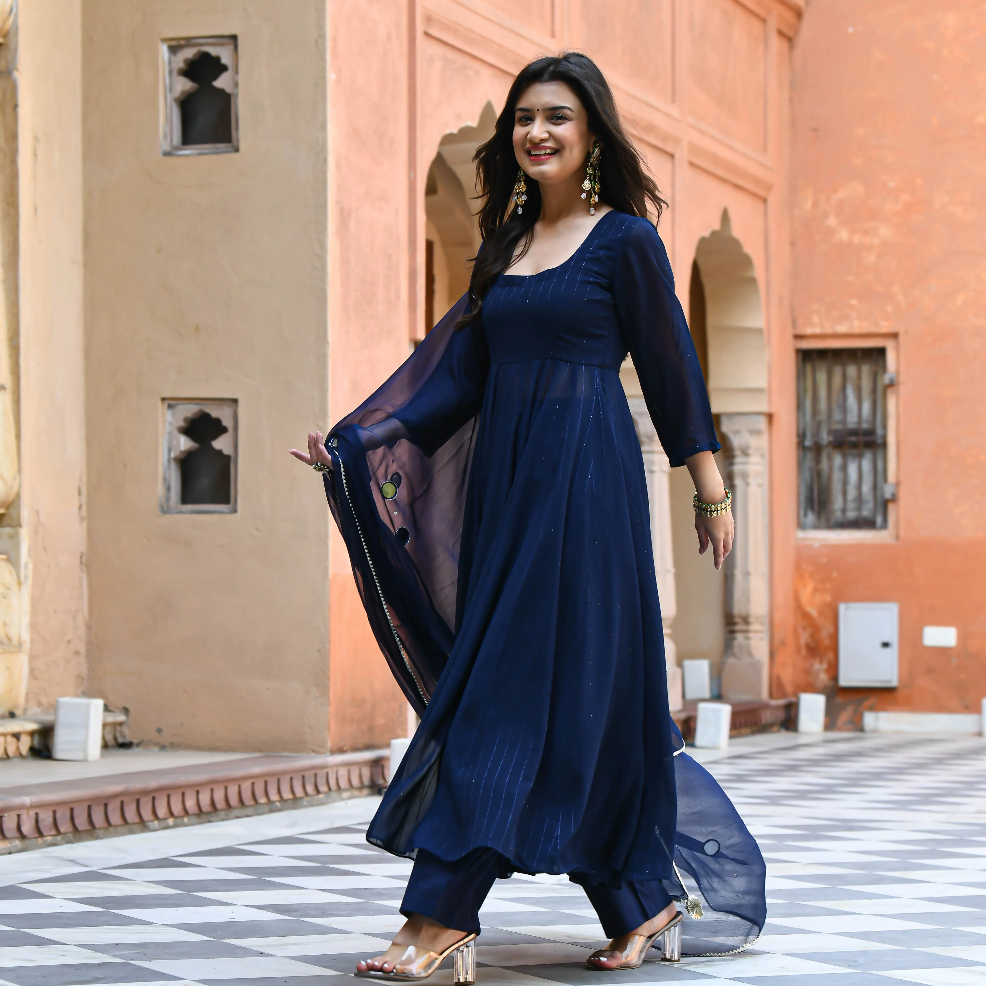 Bunaai Dark Blue Sequin Salwar Suit