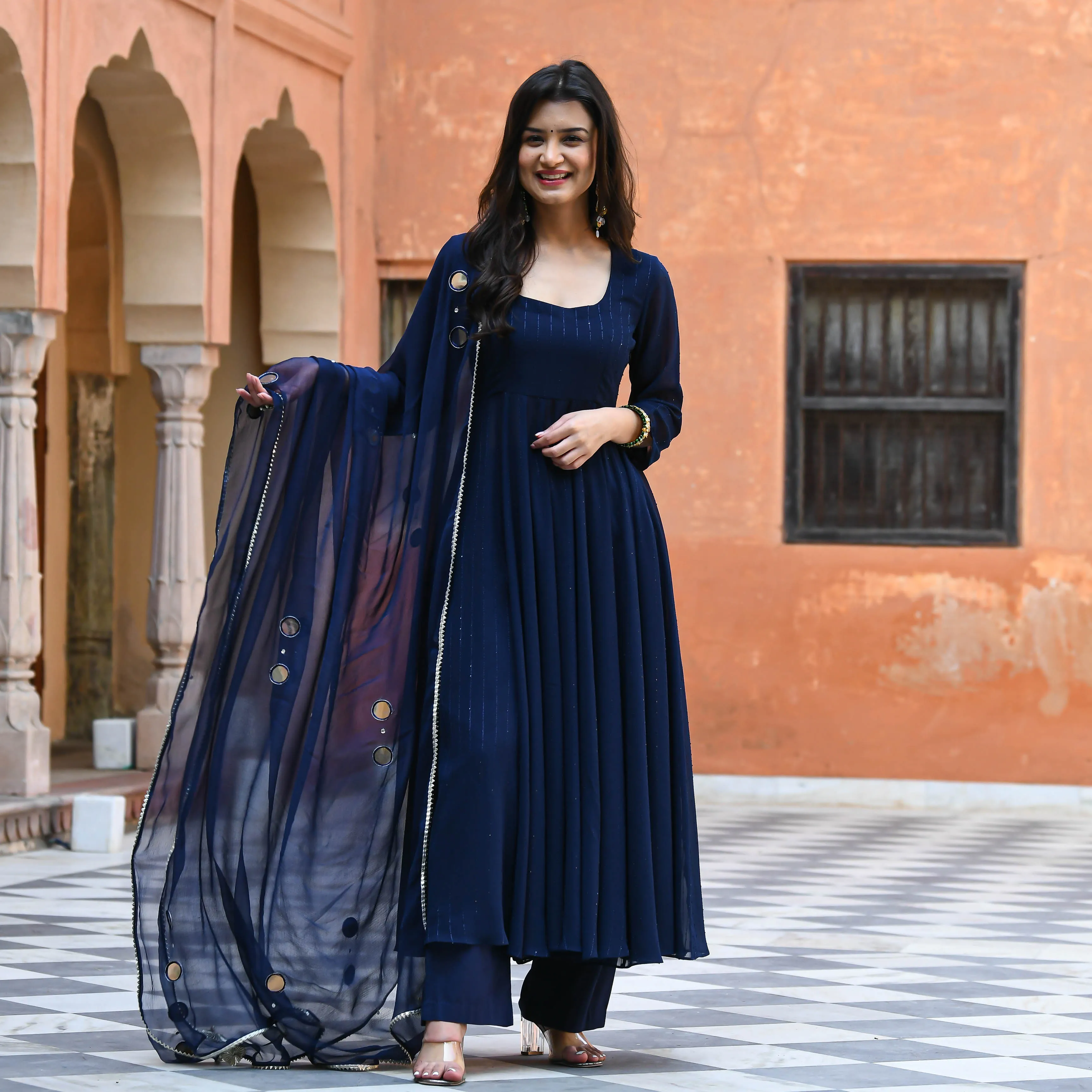 Bunaai Dark Blue Sequin Salwar Suit