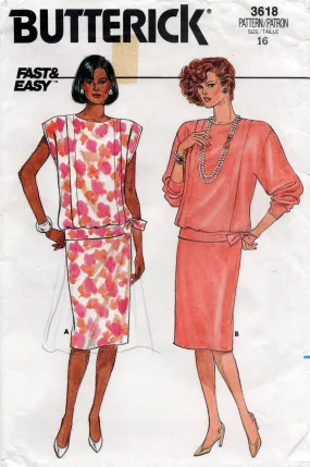 Butterick 3618 Womens Drop Waisted Top & Skirt 1980s Vintage Sewing Pattern Size 16 Bust 38 inches