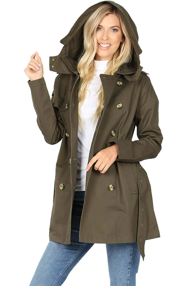 Cotton Hooded Twill Trench Coat with Belt
