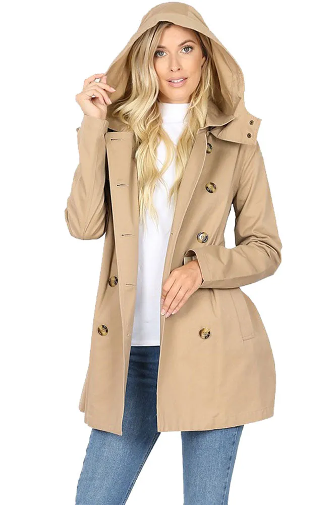 Cotton Hooded Twill Trench Coat with Belt