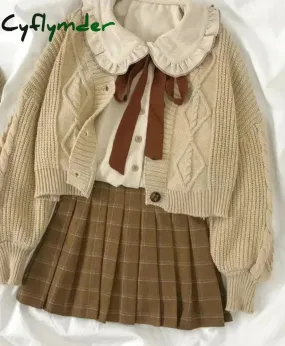 Cyflymder Vintage Preppy Suit Girl Knitted Vest Cardigan   Doll Collar Long-sleeved Shirt   Pleated Plaid Skirt Three-piece Spring Autumn