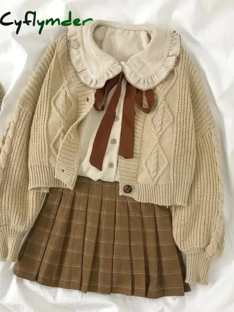 Cyflymder Vintage Preppy Suit Girl Knitted Vest Cardigan   Doll Collar Long-sleeved Shirt   Pleated Plaid Skirt Three-piece Spring Autumn