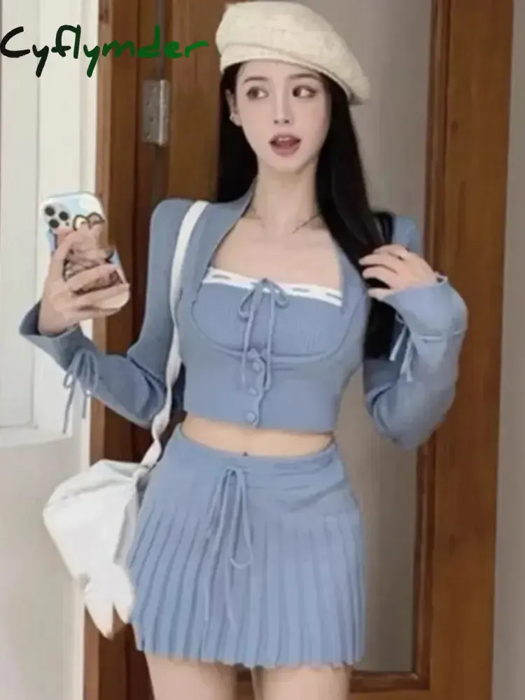 Cyflymder Y2k Sweet Outfits Woman Solid Knitted Cropped Patchwork Vest   Slim Cardigan   Mini Pleated Skirt Spring Korean Chic 3 Piece Set