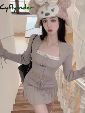 Cyflymder Y2k Sweet Outfits Woman Solid Knitted Cropped Patchwork Vest   Slim Cardigan   Mini Pleated Skirt Spring Korean Chic 3 Piece Set