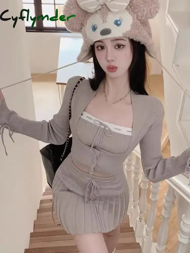 Cyflymder Y2k Sweet Outfits Woman Solid Knitted Cropped Patchwork Vest   Slim Cardigan   Mini Pleated Skirt Spring Korean Chic 3 Piece Set