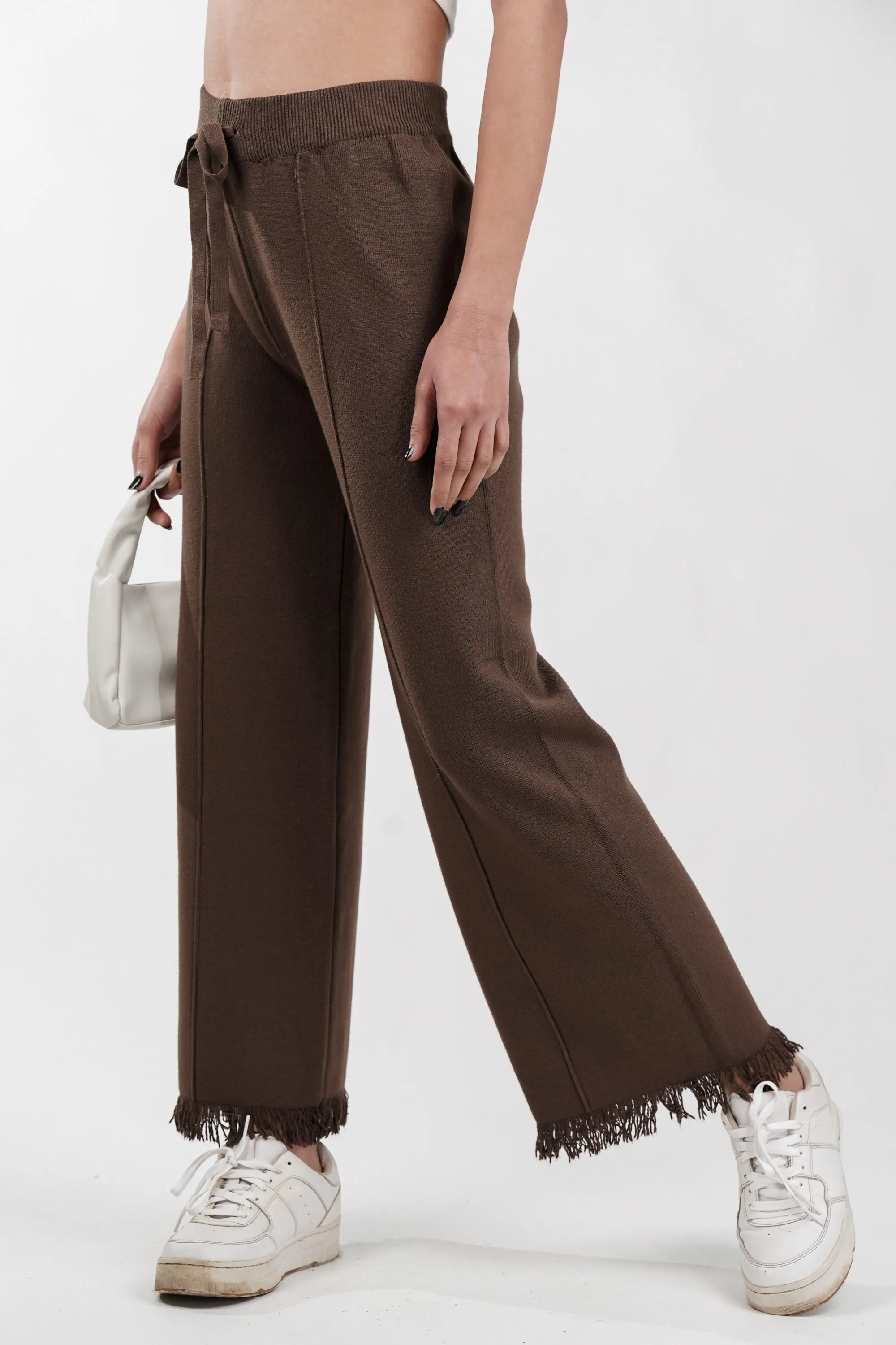 Dense Brown Rib-Knit Trouser