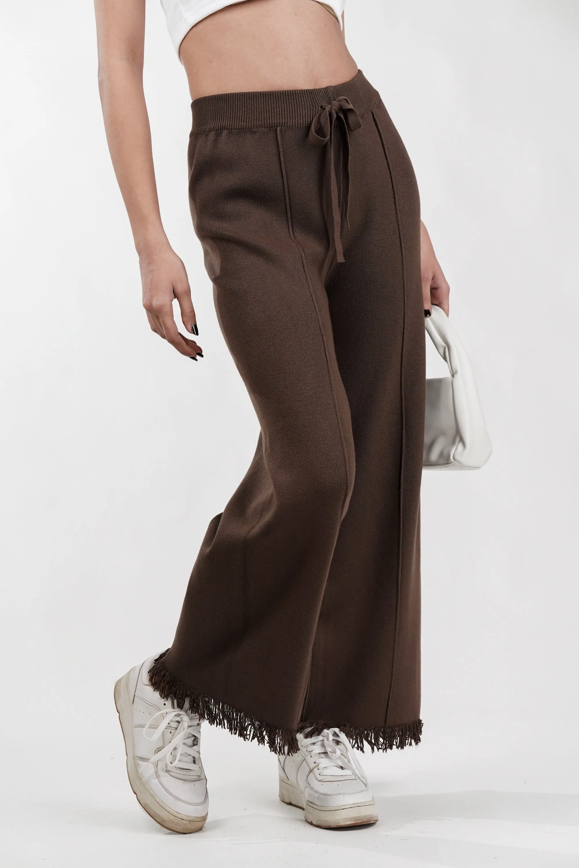 Dense Brown Rib-Knit Trouser