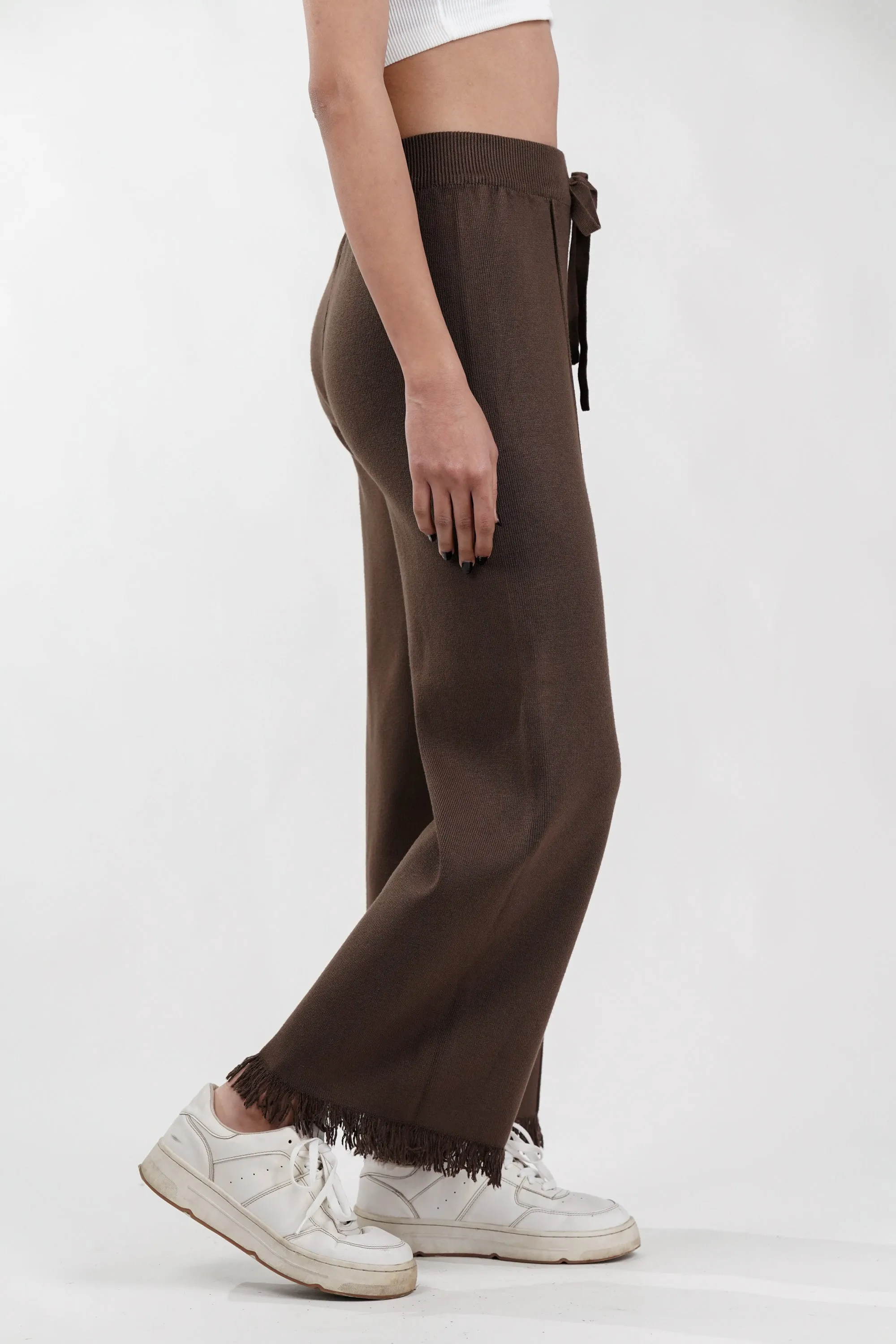 Dense Brown Rib-Knit Trouser