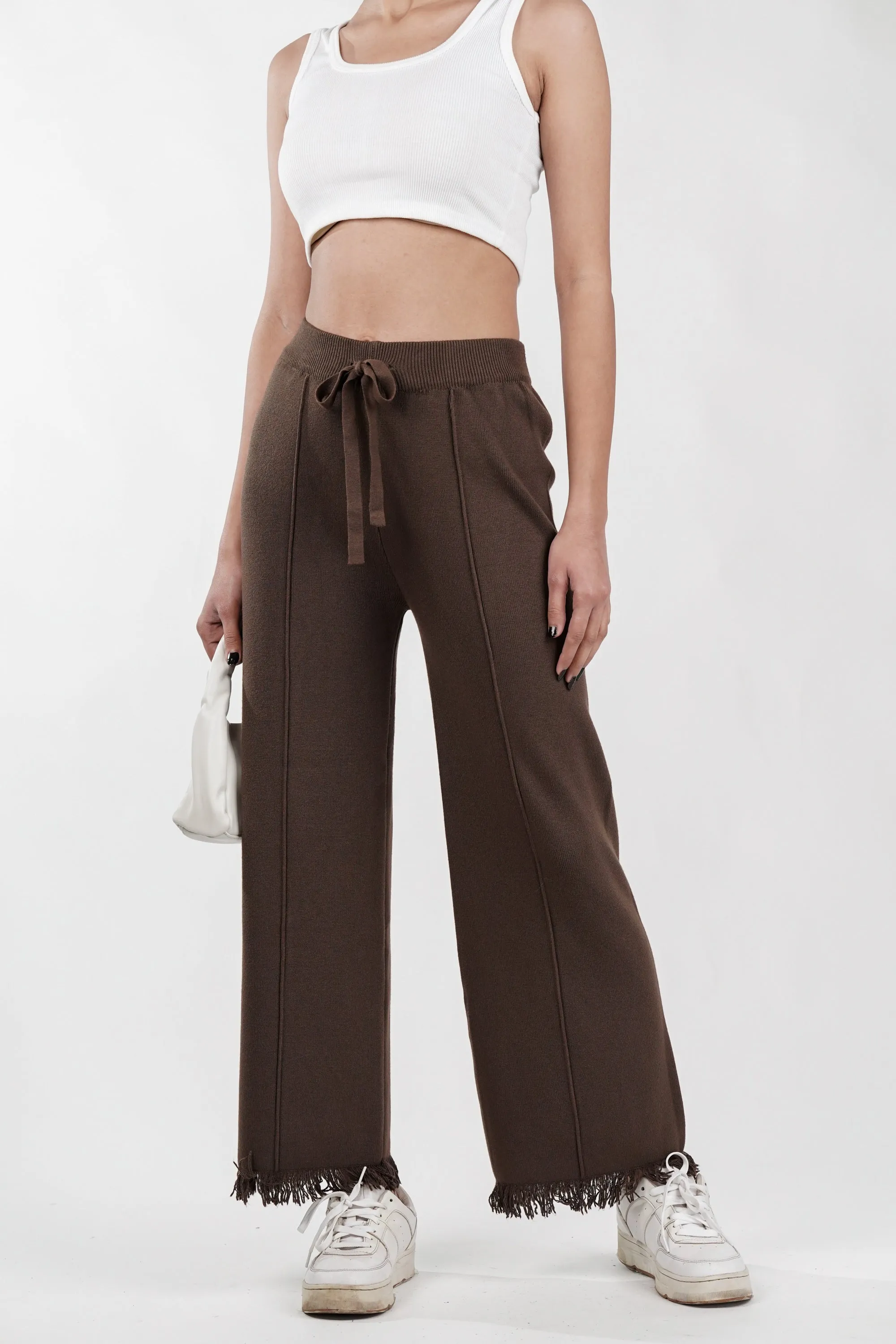 Dense Brown Rib-Knit Trouser