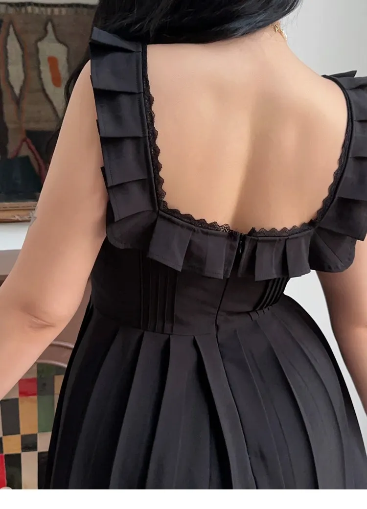 Franchessca Solid Color Black Plus Size Spaghetti Strap Slip Pleated Mini Dress