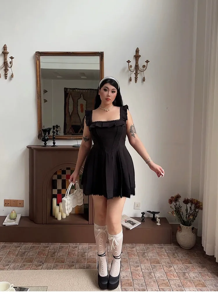 Franchessca Solid Color Black Plus Size Spaghetti Strap Slip Pleated Mini Dress