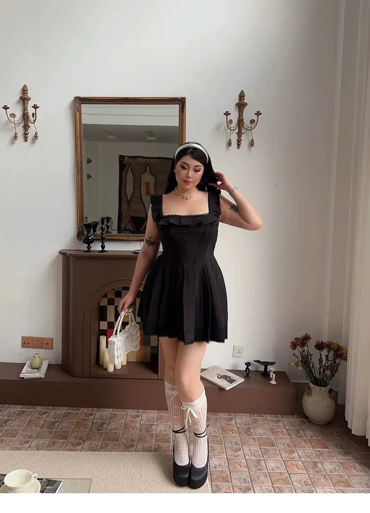 Franchessca Solid Color Black Plus Size Spaghetti Strap Slip Pleated Mini Dress