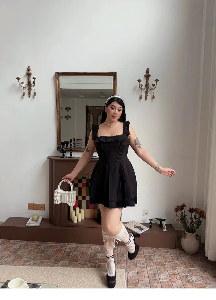 Franchessca Solid Color Black Plus Size Spaghetti Strap Slip Pleated Mini Dress