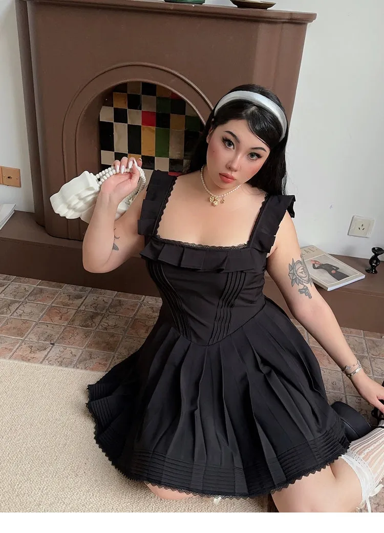 Franchessca Solid Color Black Plus Size Spaghetti Strap Slip Pleated Mini Dress