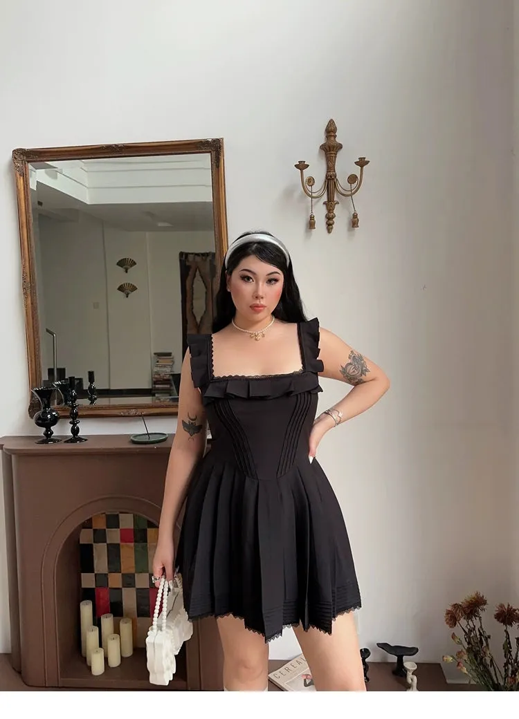 Franchessca Solid Color Black Plus Size Spaghetti Strap Slip Pleated Mini Dress
