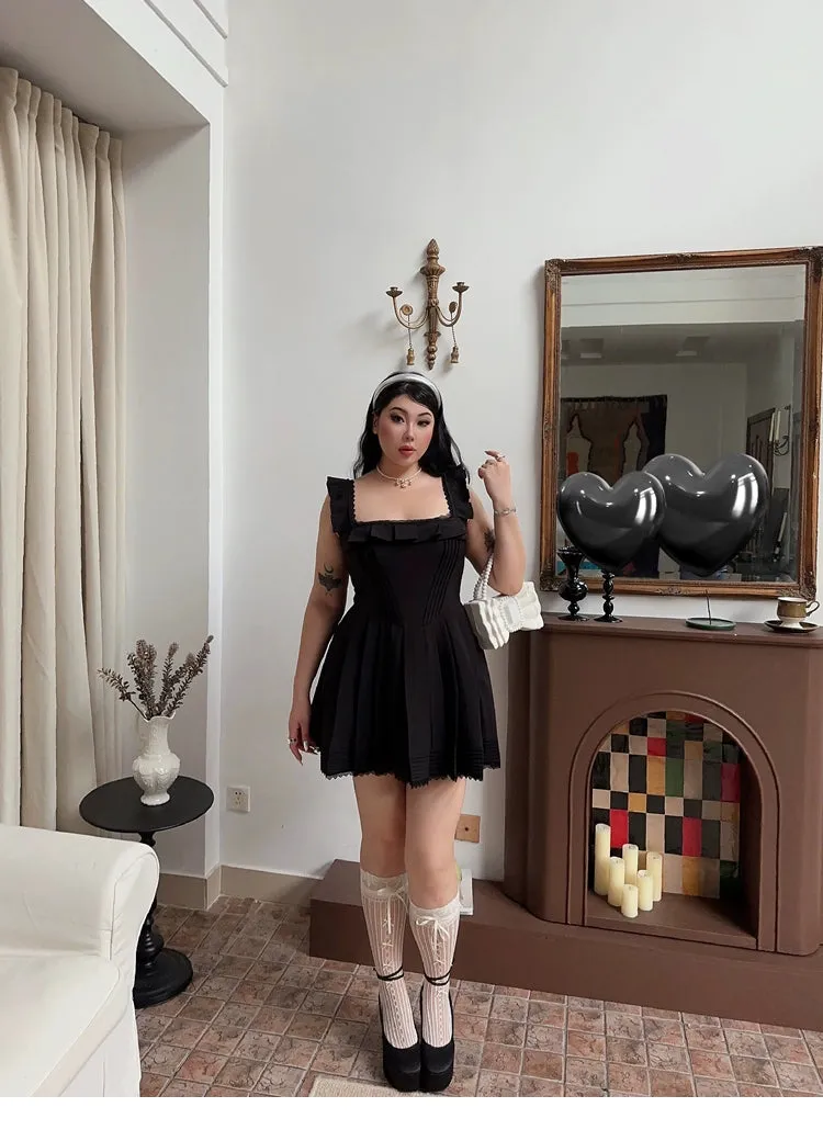 Franchessca Solid Color Black Plus Size Spaghetti Strap Slip Pleated Mini Dress