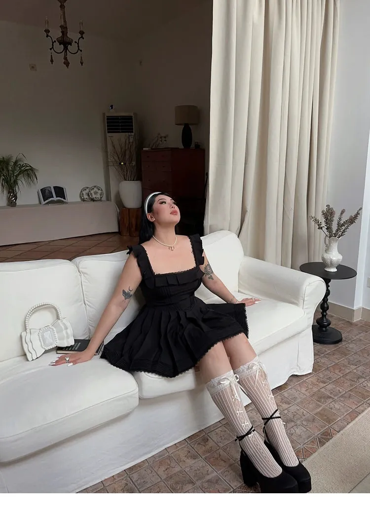 Franchessca Solid Color Black Plus Size Spaghetti Strap Slip Pleated Mini Dress