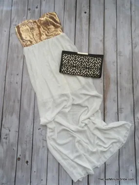 Gold Sequin & White Chiffon Maxi Dress