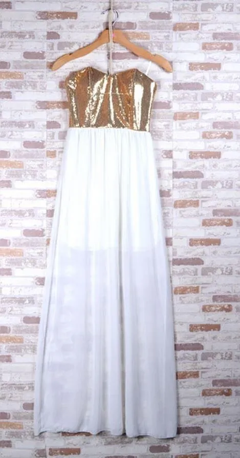 Gold Sequin & White Chiffon Maxi Dress