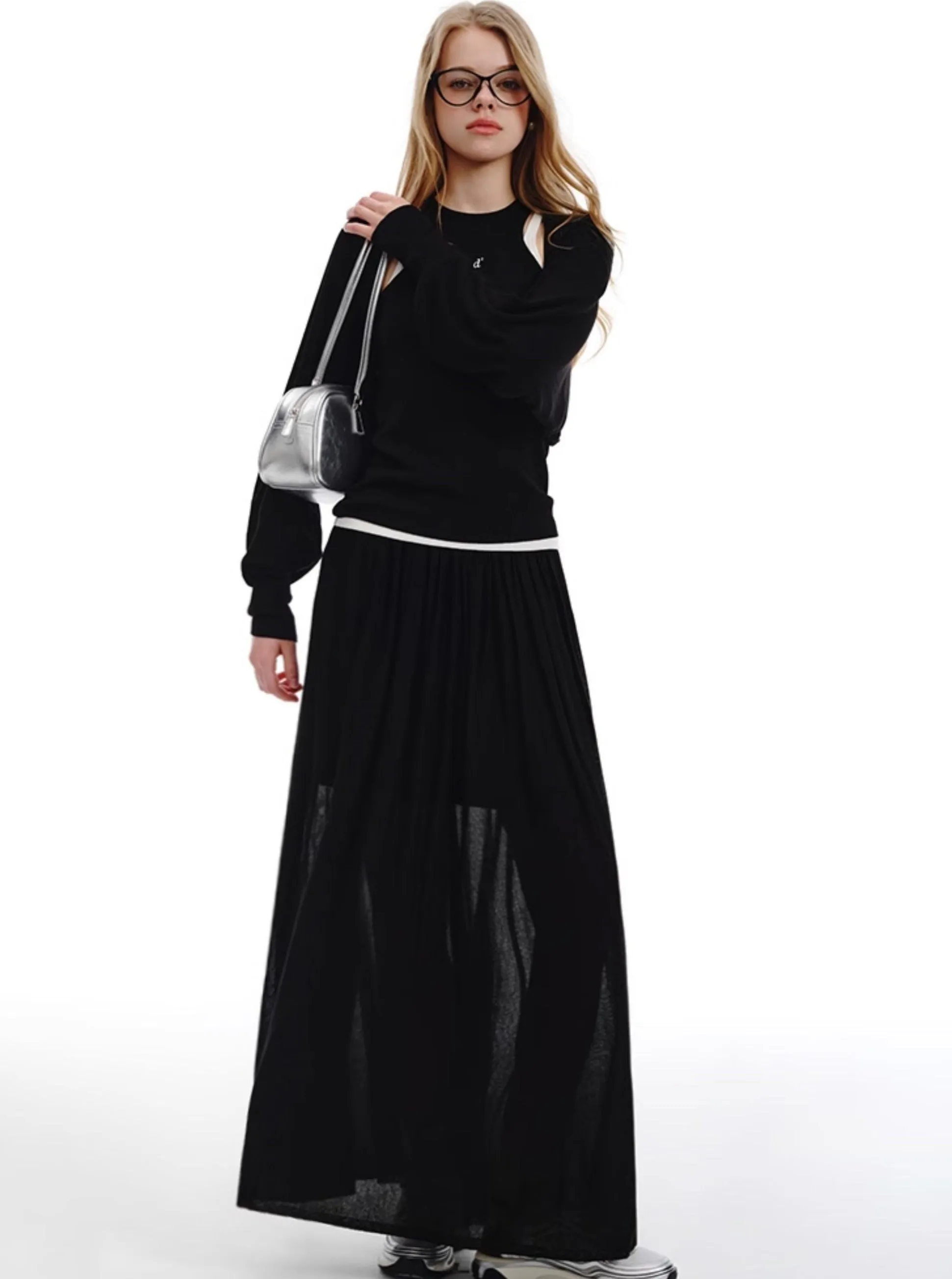 Ice Tencel Knitted Vest with Pleated Skirt Set-Up