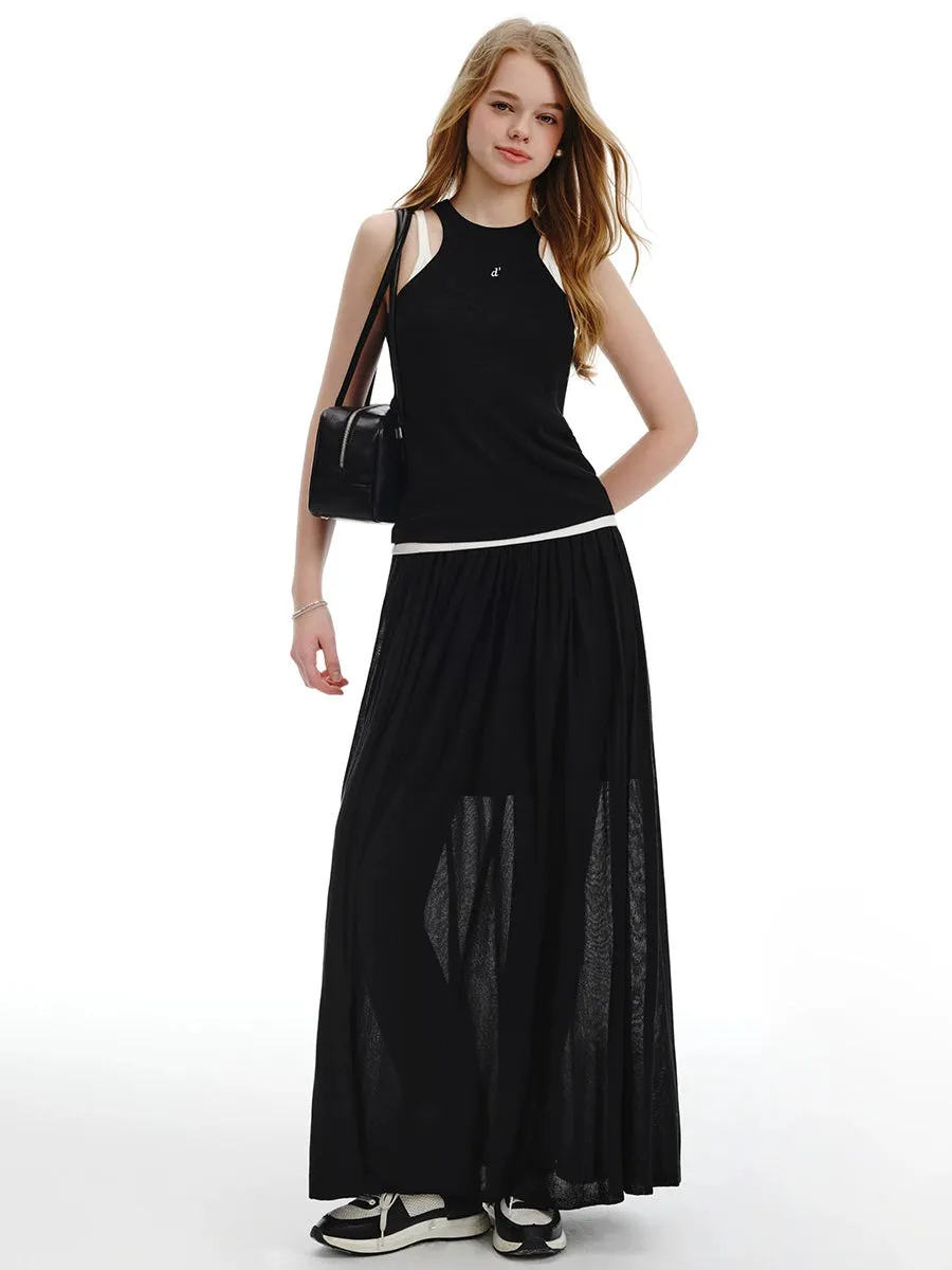 Ice Tencel Knitted Vest with Pleated Skirt Set-Up
