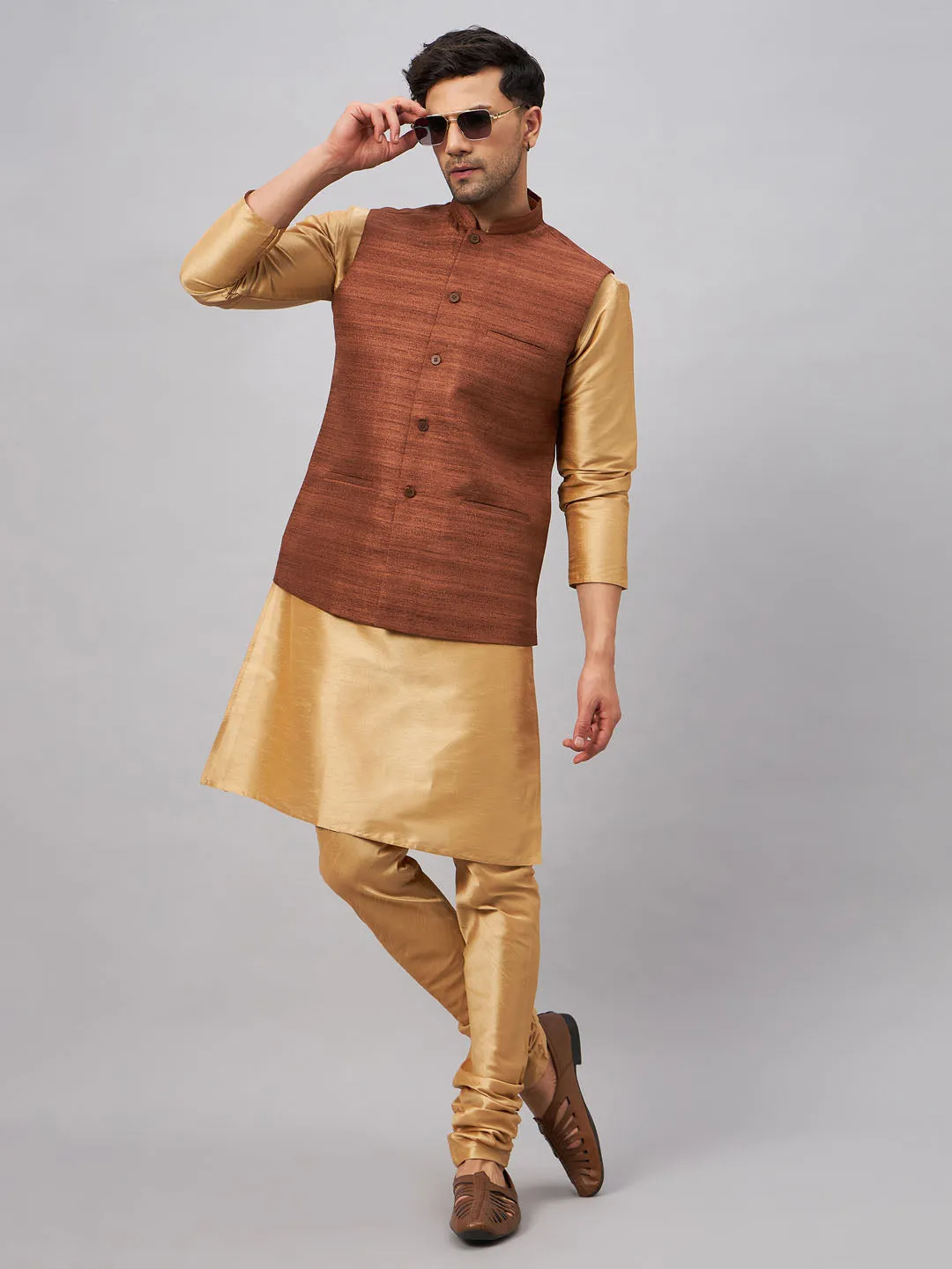Jashvi Men's Coffee Jacket With Rose Gold Kurta And Pyjama Set