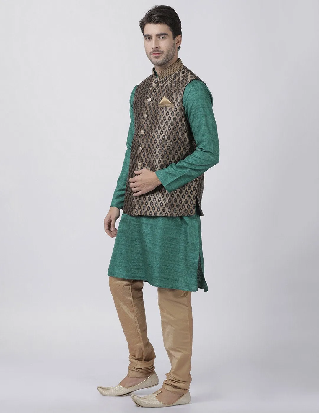 Jashvi Men's Green Cotton Silk Blend Kurta, Ethnic Jacket and Pyjama Set