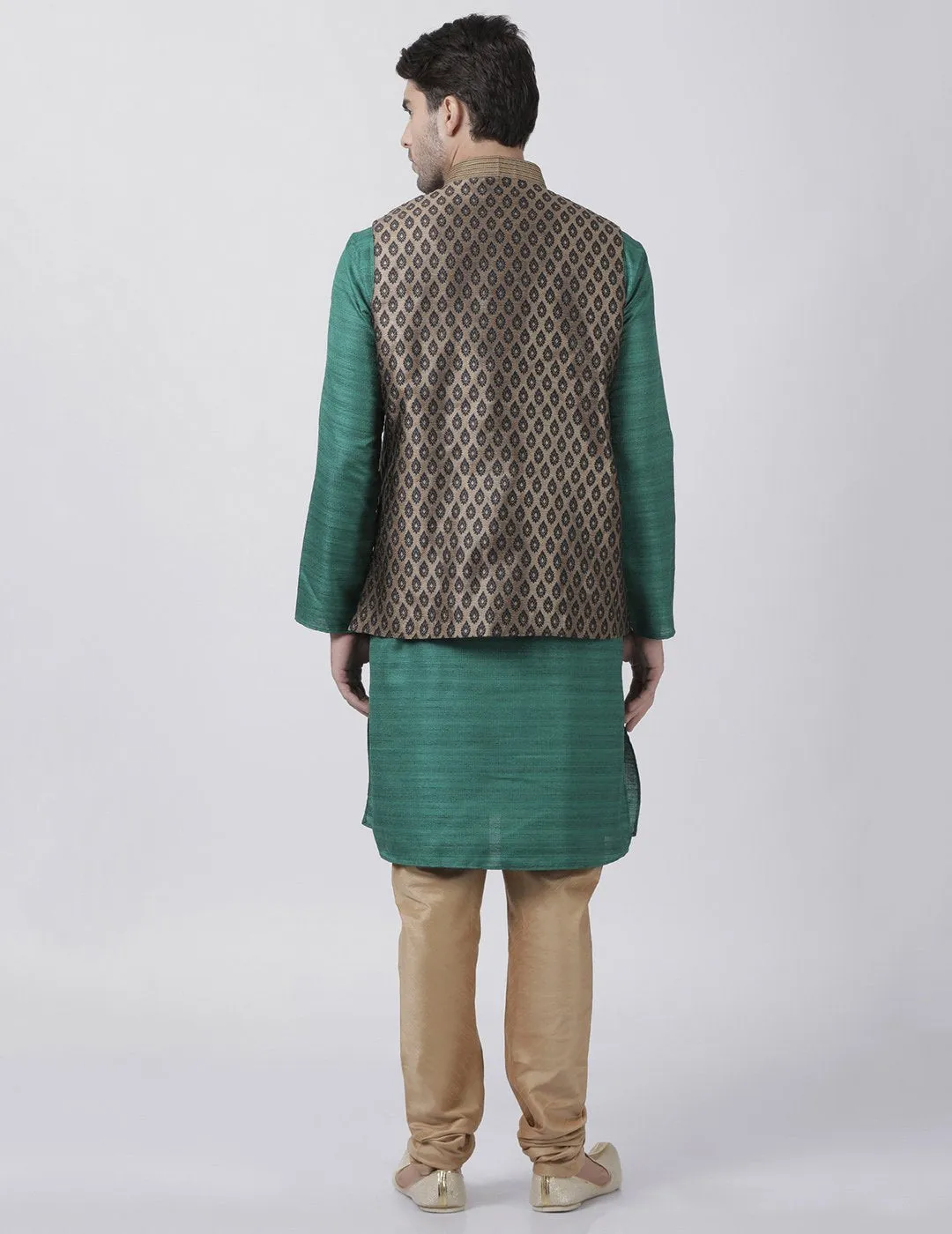 Jashvi Men's Green Cotton Silk Blend Kurta, Ethnic Jacket and Pyjama Set