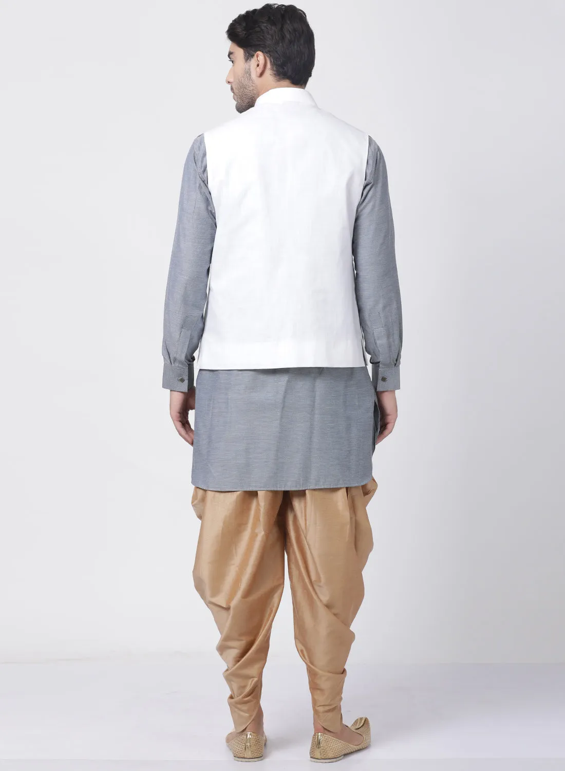 Jashvi Men's Grey Cotton Blend Kurta, White Ethnic jacket and Dhoti Pant Set