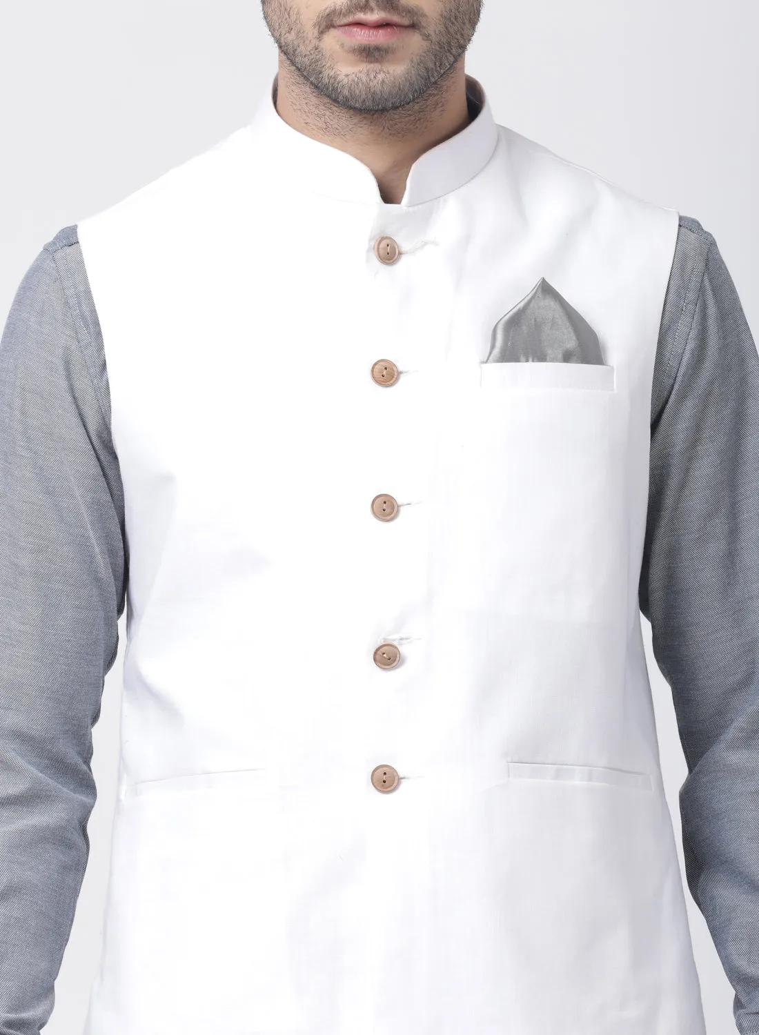 Jashvi Men's Grey Cotton Blend Kurta, White Ethnic jacket and Dhoti Pant Set