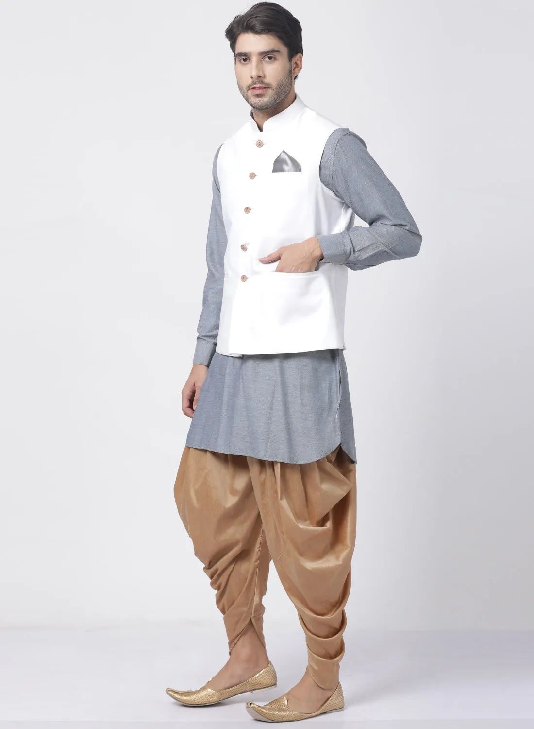 Jashvi Men's Grey Cotton Blend Kurta, White Ethnic jacket and Dhoti Pant Set